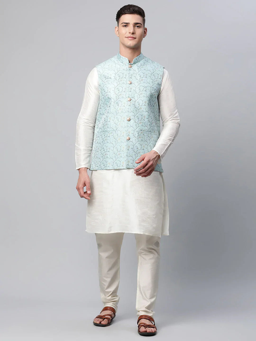 Jompers Men's Dupion Silk Kurta Pyjama With Sky Blue Printed Nehru Jacket