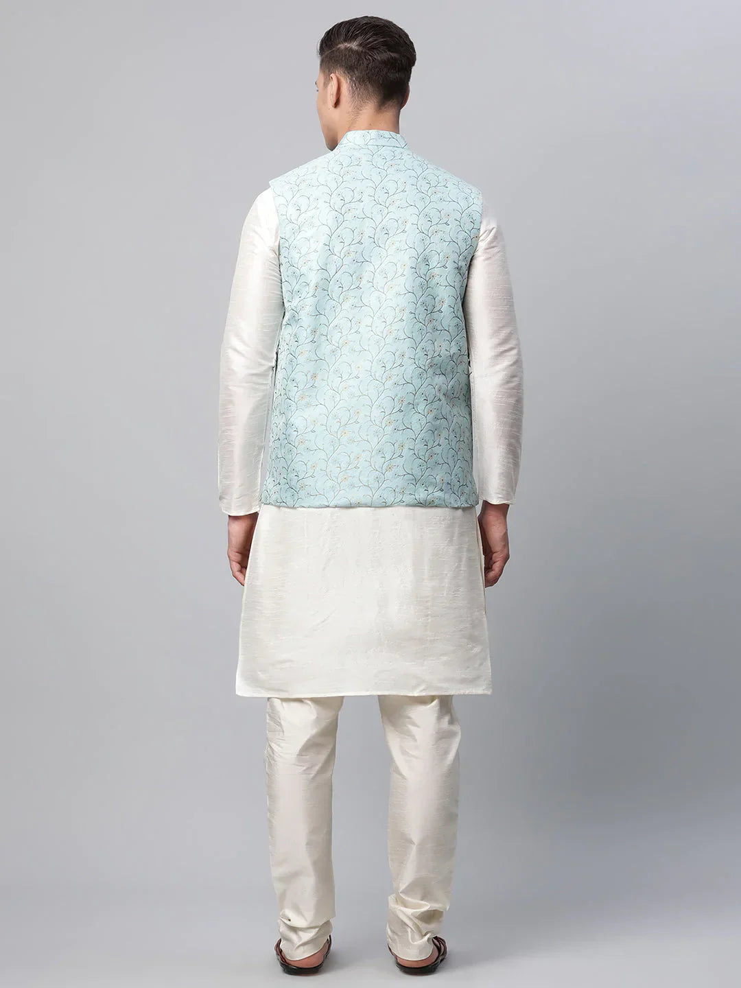 Jompers Men's Dupion Silk Kurta Pyjama With Sky Blue Printed Nehru Jacket