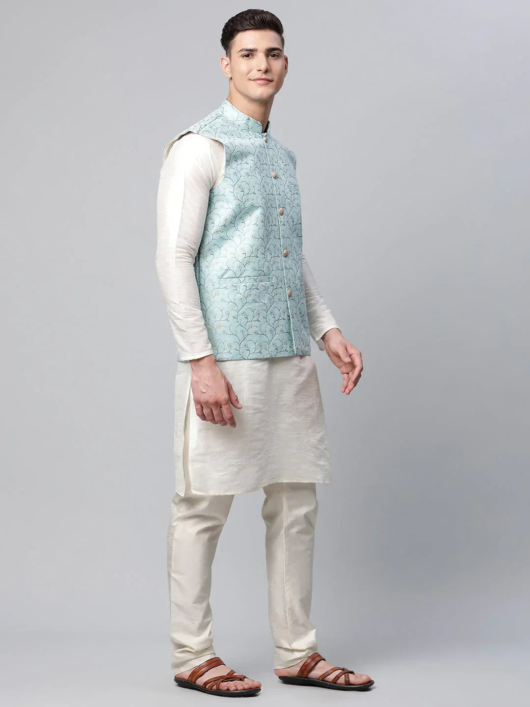 Jompers Men's Dupion Silk Kurta Pyjama With Sky Blue Printed Nehru Jacket