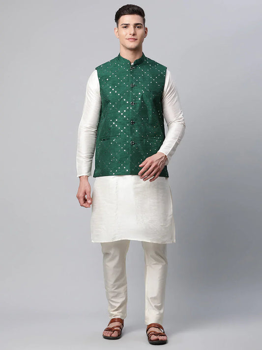 Jompers Men's Dupion Silk Kurta Pyjama With Green Mirror Work Nehru Jacket