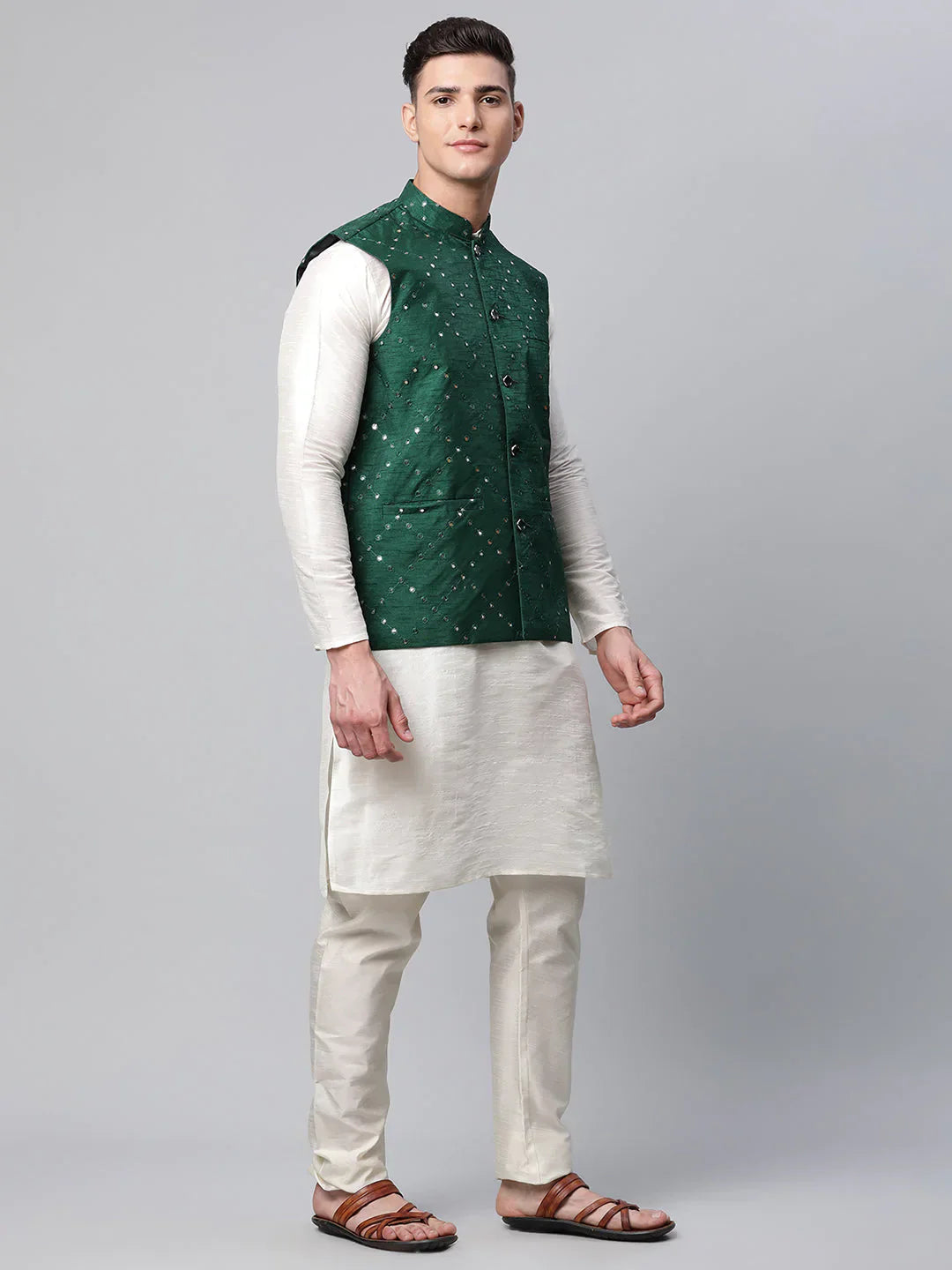 Jompers Men's Dupion Silk Kurta Pyjama With Green Mirror Work Nehru Jacket