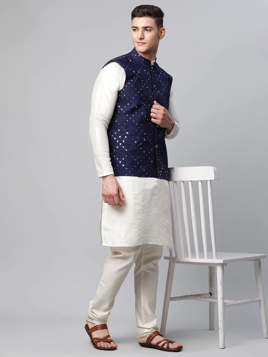 Jompers Men's Dupion Silk Kurta Pyjama With Navy Mirror Work Nehru Jacket