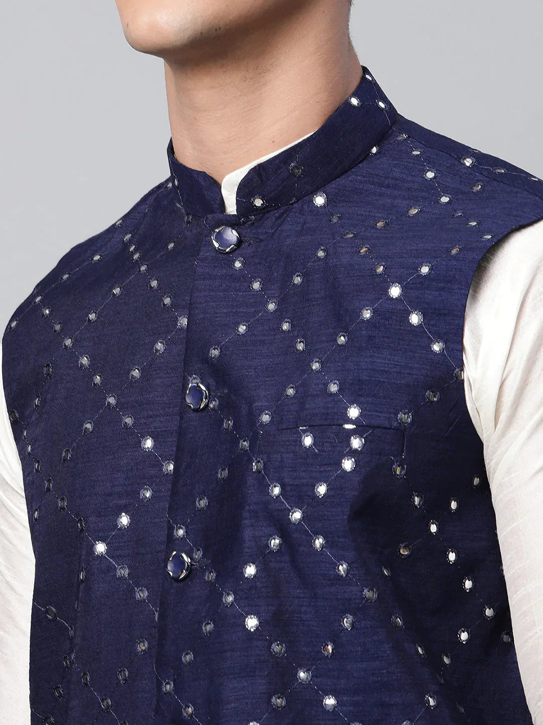 Jompers Men's Dupion Silk Kurta Pyjama With Navy Mirror Work Nehru Jacket