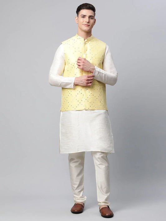 Jompers Men's Dupion Silk Kurta Pyjama With Yellow Mirror Work Nehru Jacket