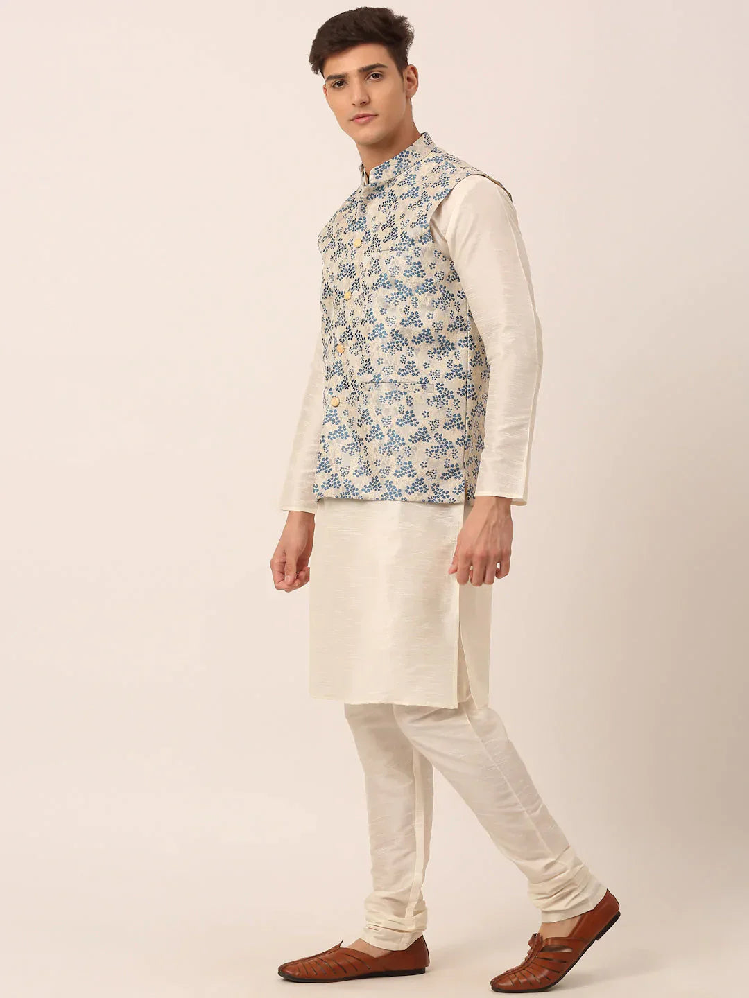 Jompers Men's Solid Kurta Pyjama With Blue Floral Embroidered Nehru Jacket
