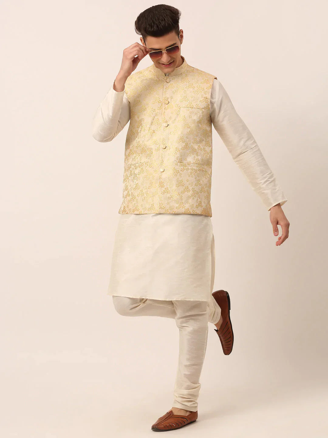 Jompers Men's Solid Kurta Pyjama With Golden Floral Embroidered Nehru Jacket