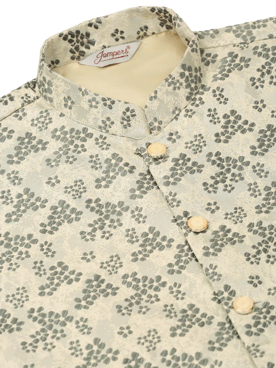 Jompers Men's Solid Kurta Pyjama With Grey Floral Embroidered Nehru Jacket