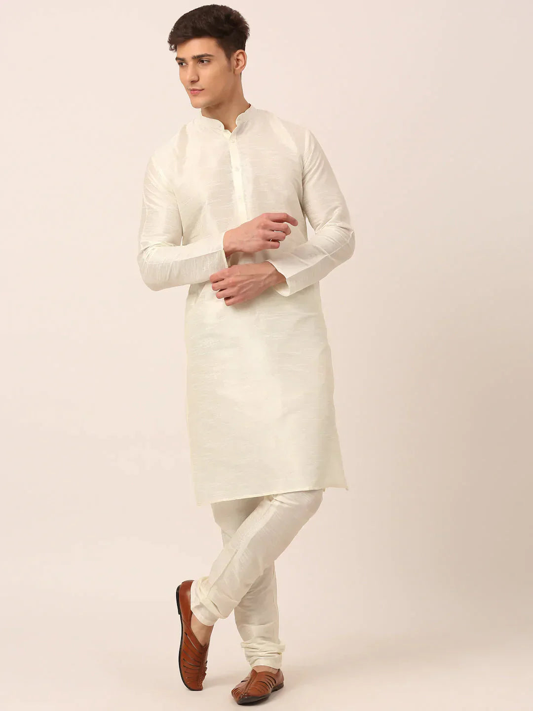 Jompers Men's Solid Kurta Pyjama With Pink Floral Embroidered Nehru Jacket