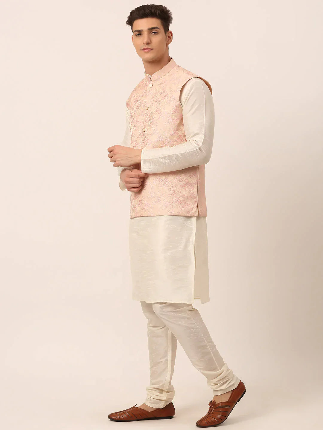 Jompers Men's Solid Kurta Pyjama With Pink Floral Embroidered Nehru Jacket