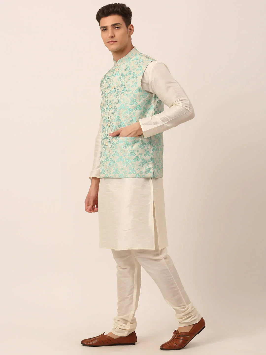 Jompers Men's Solid Kurta Pyjama With Sky Blue Floral Embroidered Nehru Jacket