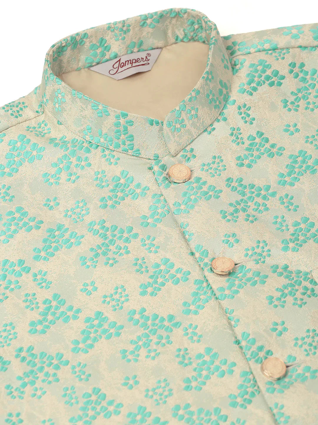 Jompers Men's Solid Kurta Pyjama With Sky Blue Floral Embroidered Nehru Jacket