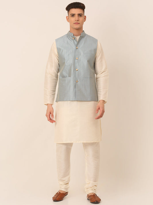 Jompers Men's Solid Kurta Pyjama With Striped Embroidered Nehru Jacket - Blue