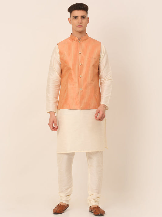 Jompers Men's Solid Kurta Pyjama With Striped Embroidered Nehru Jacket - Peach