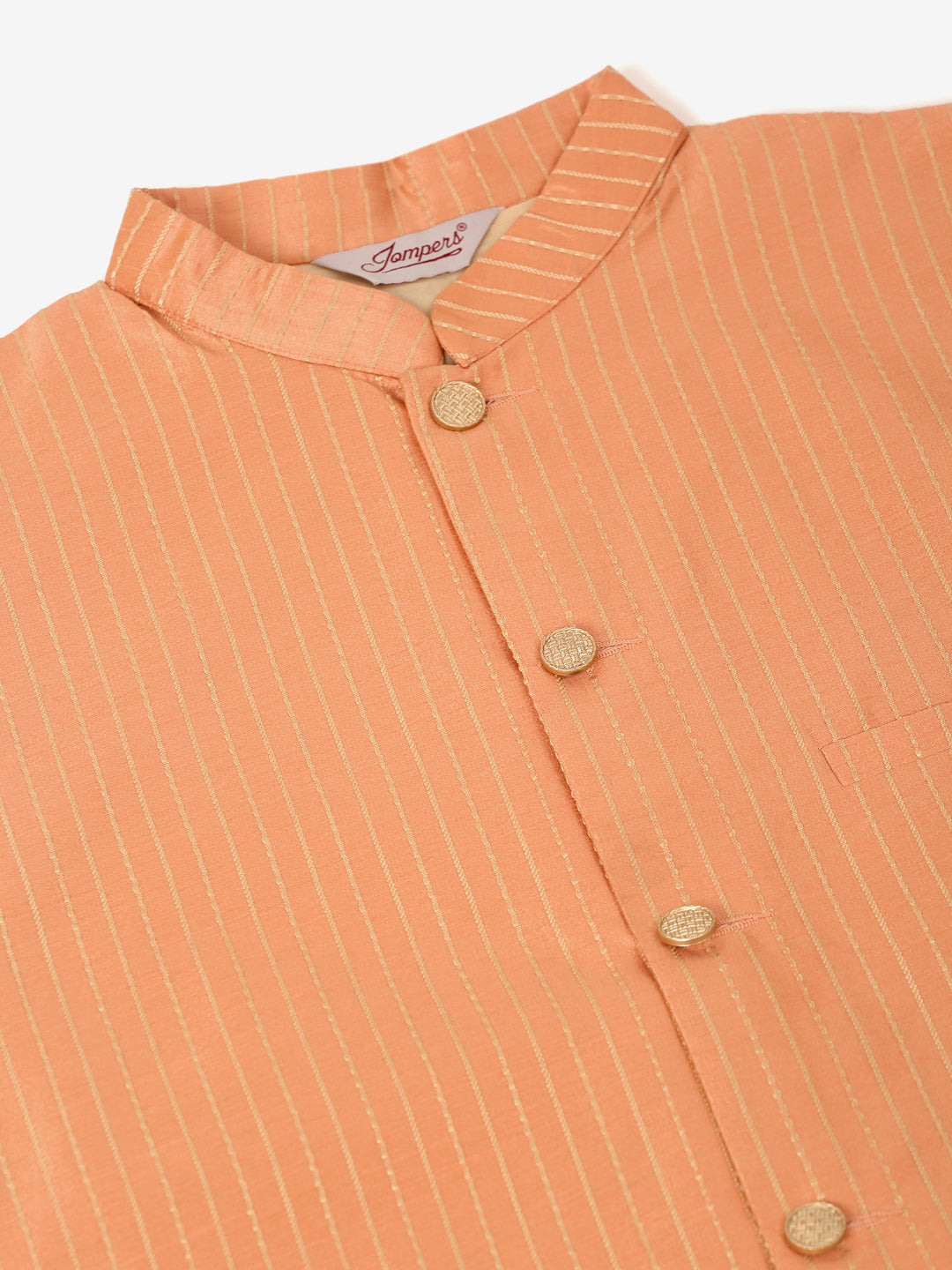 Jompers Men's Solid Kurta Pyjama With Striped Embroidered Nehru Jacket - Peach