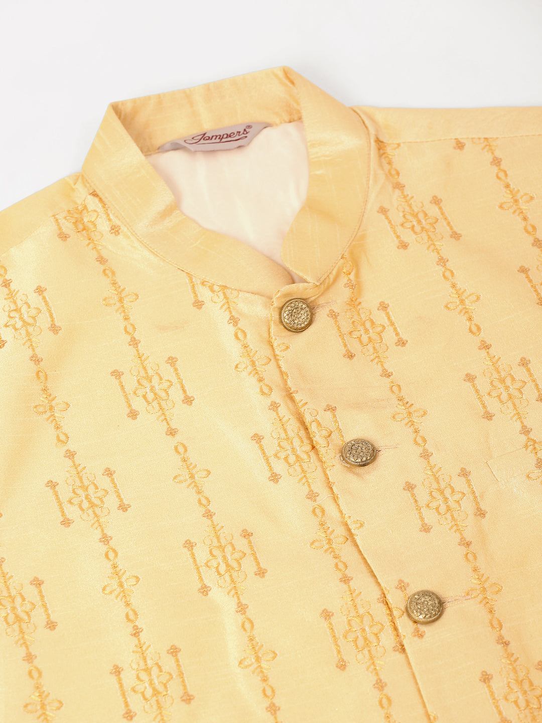 Jompers Men's Solid Dupion Silk Kurta Pyjama With Embroidered Nehru Jacket - Golden