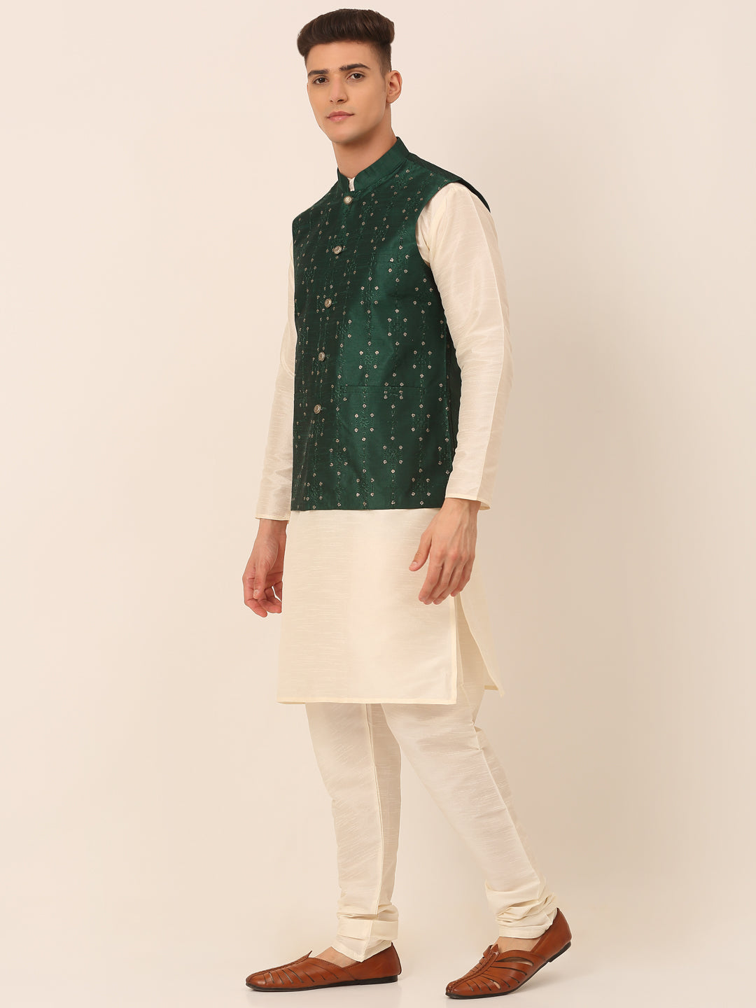 Jompers Men's Solid Dupion Silk Kurta Pyjama With Embroidered Nehru Jacket - Green