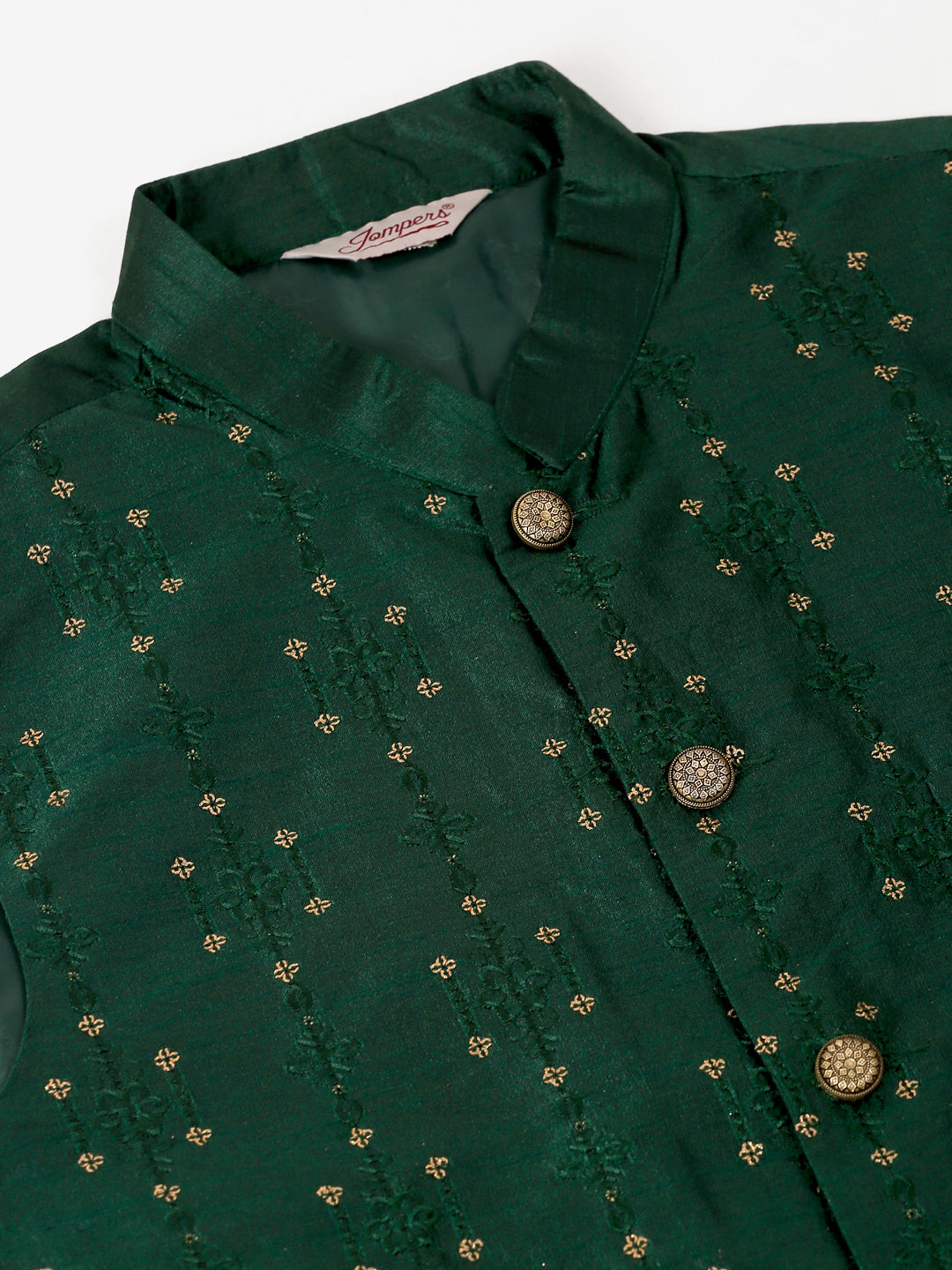 Jompers Men's Solid Dupion Silk Kurta Pyjama With Embroidered Nehru Jacket - Green