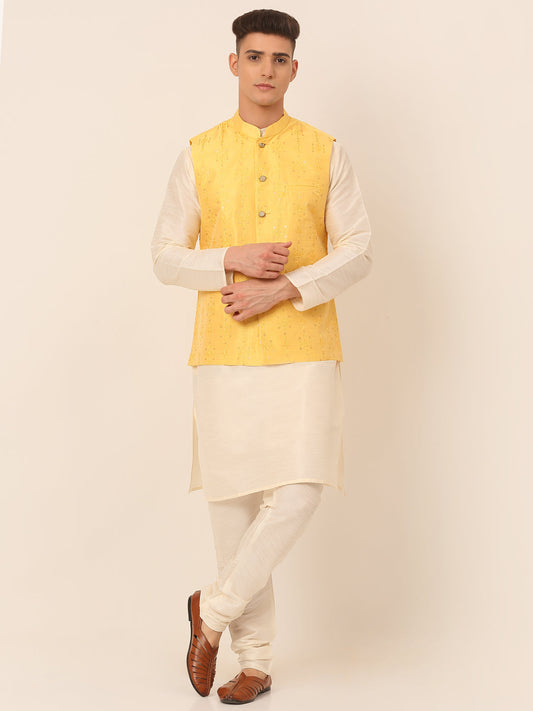 Jompers Men's Solid Dupion Silk Kurta Pyjama With Embroidered Nehru Jacket - Yellow