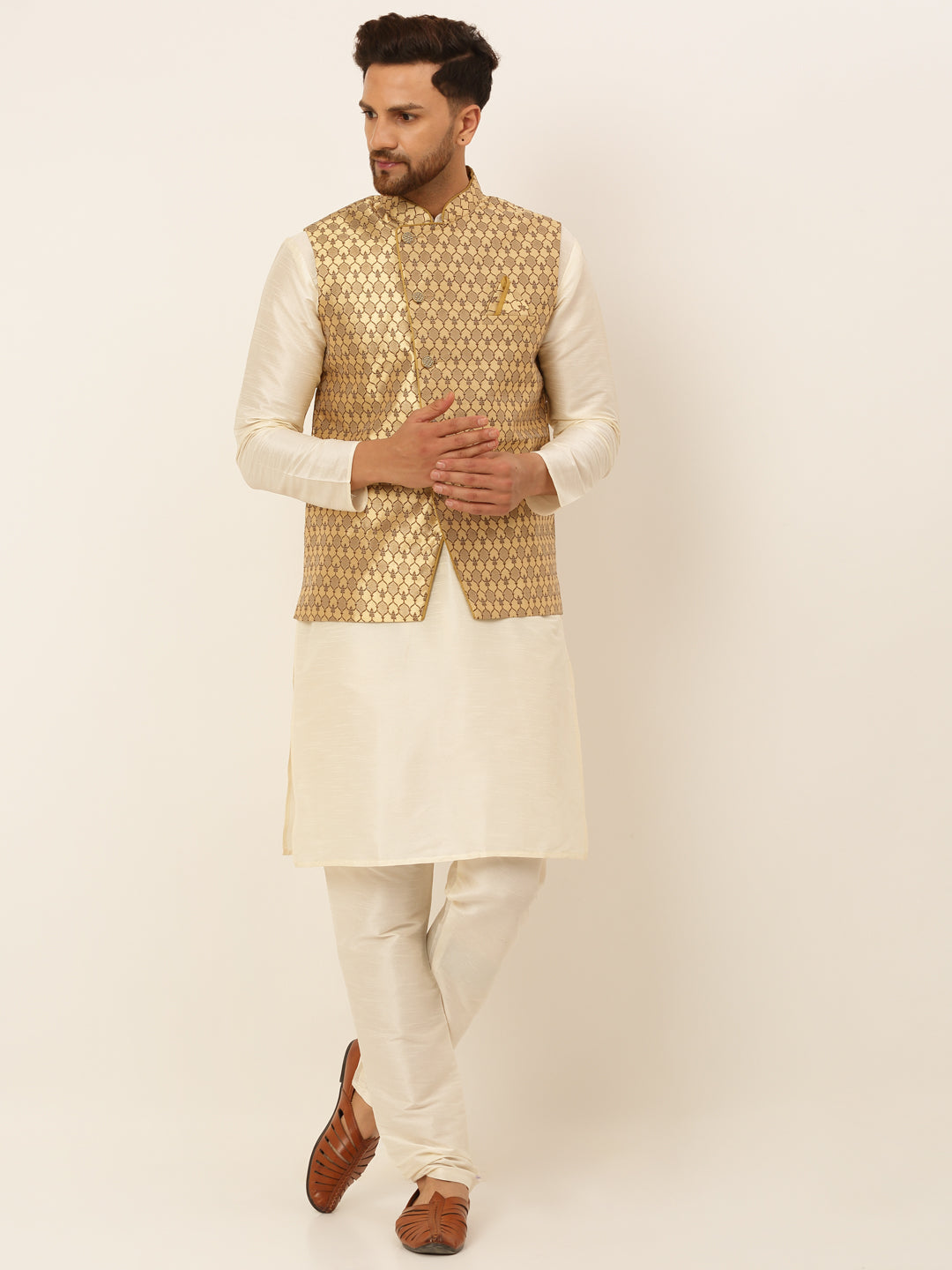 Jompers Men's Solid Kurta Pyjama With Nehru Jacket - Golden
