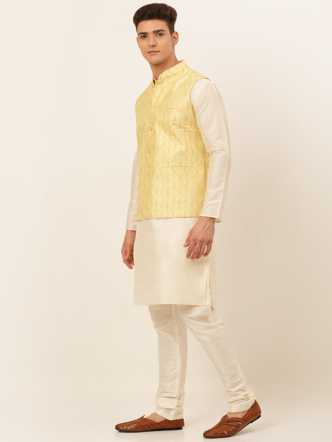 Jompers Men's Solid Kurta Pyjama With Nehru Jacket - Golden