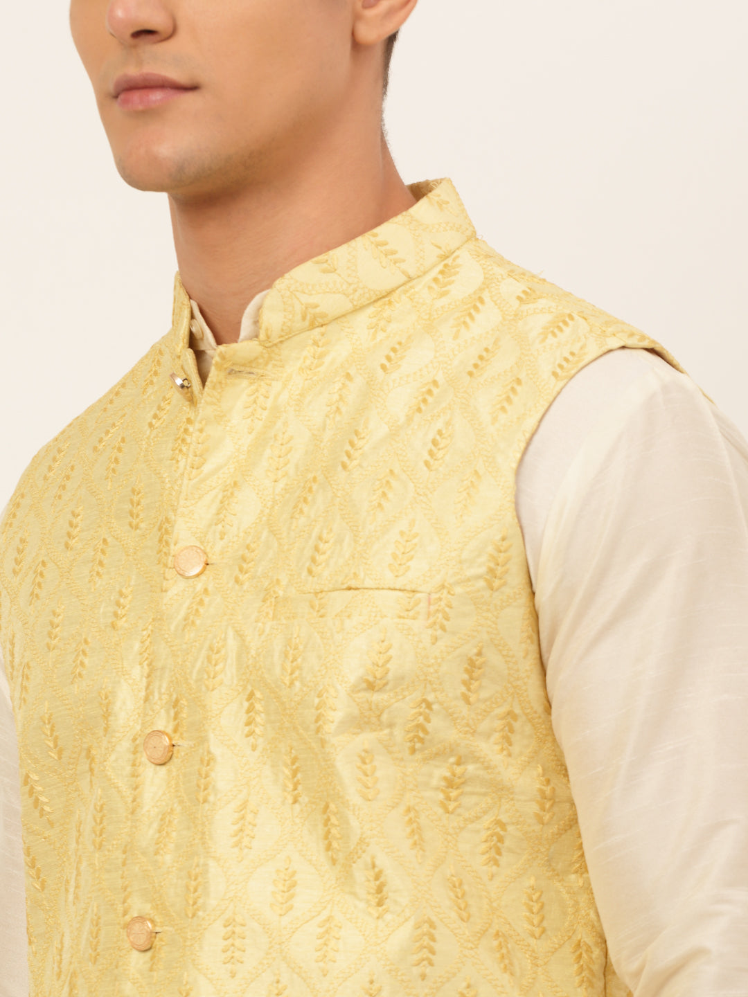 Jompers Men's Solid Kurta Pyjama With Nehru Jacket - Golden