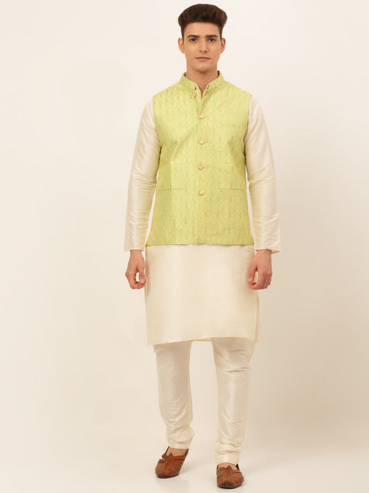 Jompers Men's Solid Kurta Pyjama With Nehru Jacket - Green