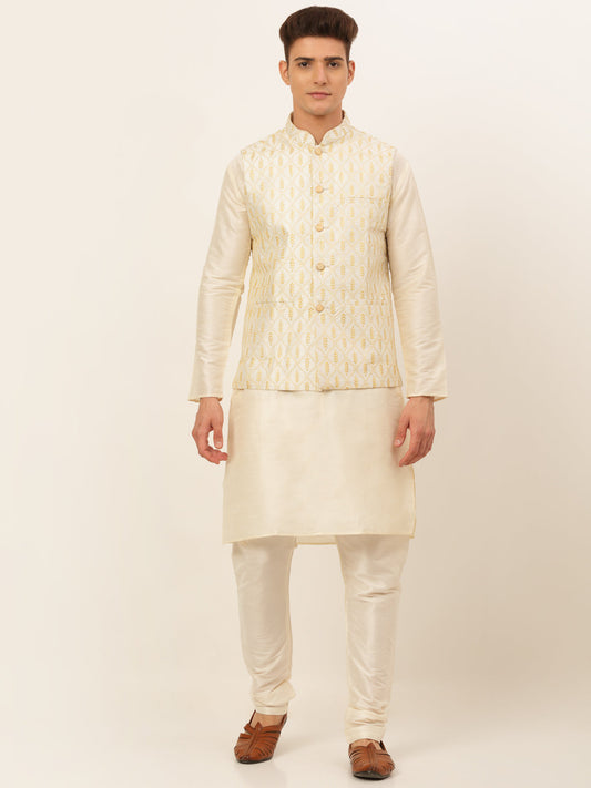 Jompers Men's Solid Kurta Pyjama With Nehru Jacket - Silver