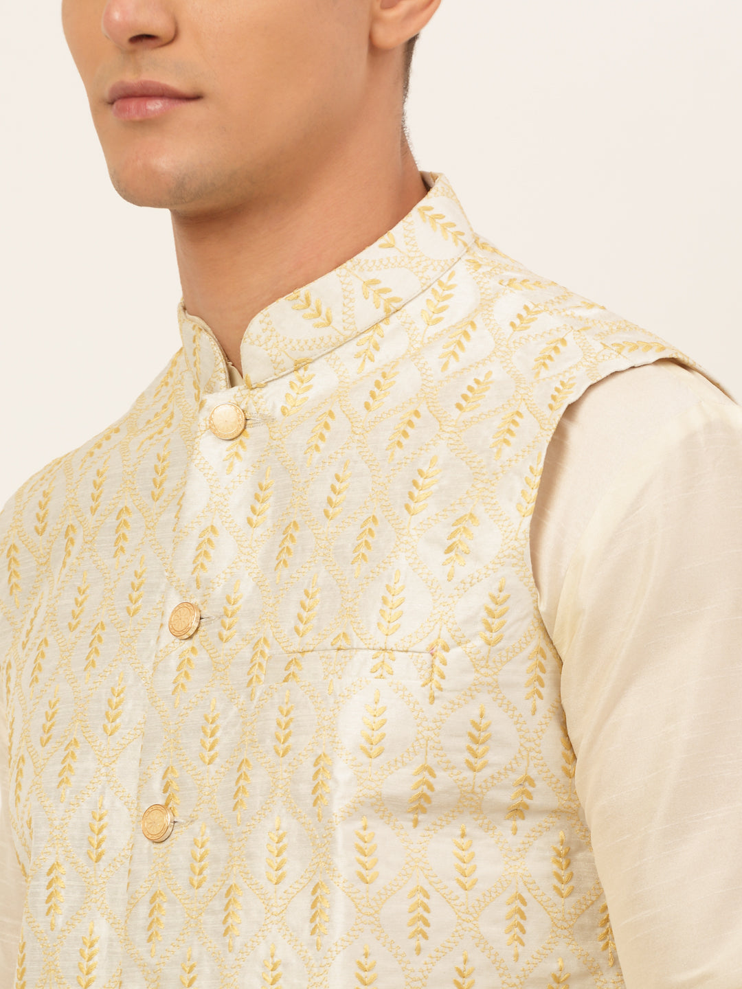 Jompers Men's Solid Kurta Pyjama With Nehru Jacket - Silver