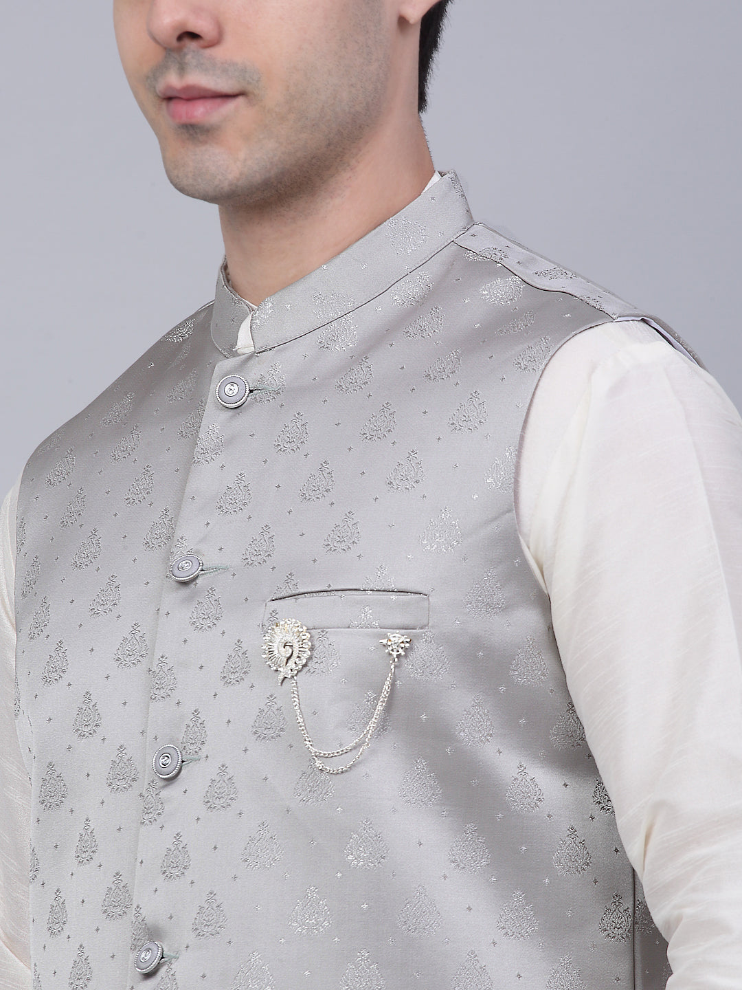 Jompers Men's Solid Kurta Pyjama With Woven Design Nehru Jacket - Grey