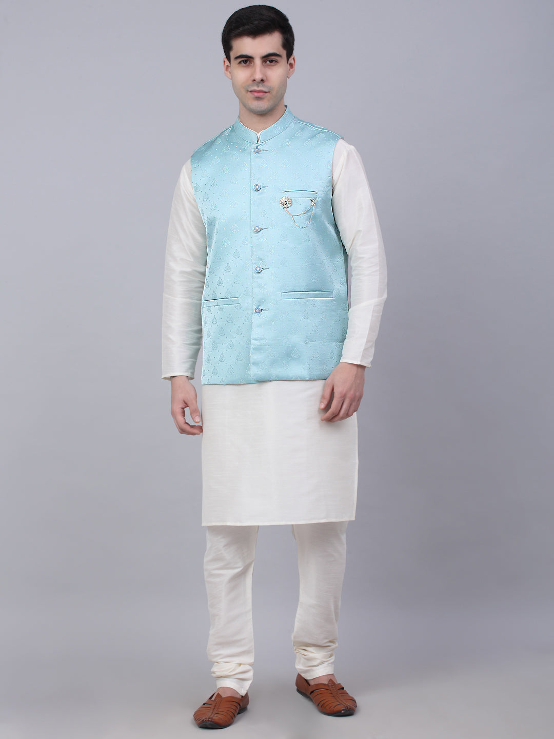 Jompers Men's Solid Kurta Pyjama With Woven Design Nehru Jacket - Sky Blue