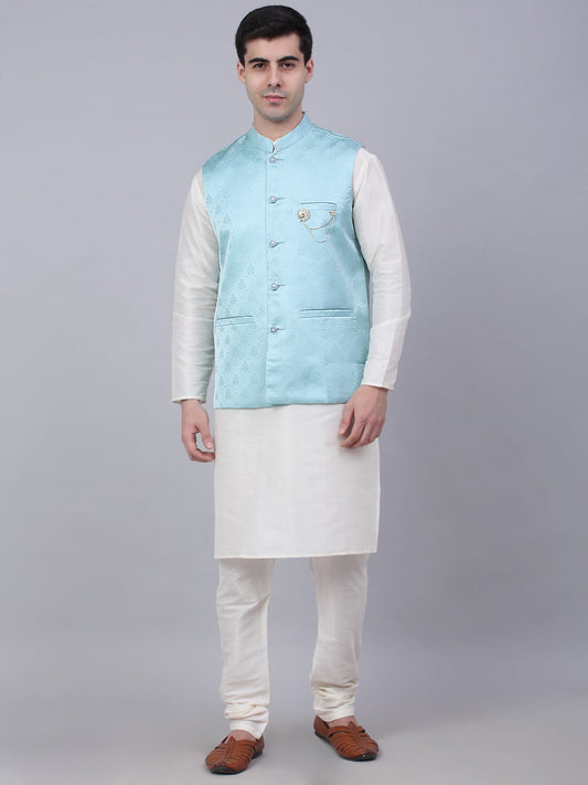 Jompers Men's Solid Kurta Pyjama With Woven Design Nehru Jacket - Sky Blue