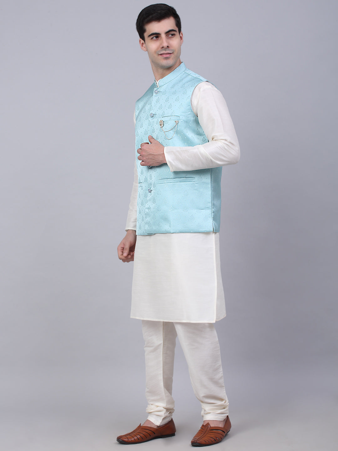Jompers Men's Solid Kurta Pyjama With Woven Design Nehru Jacket - Sky Blue
