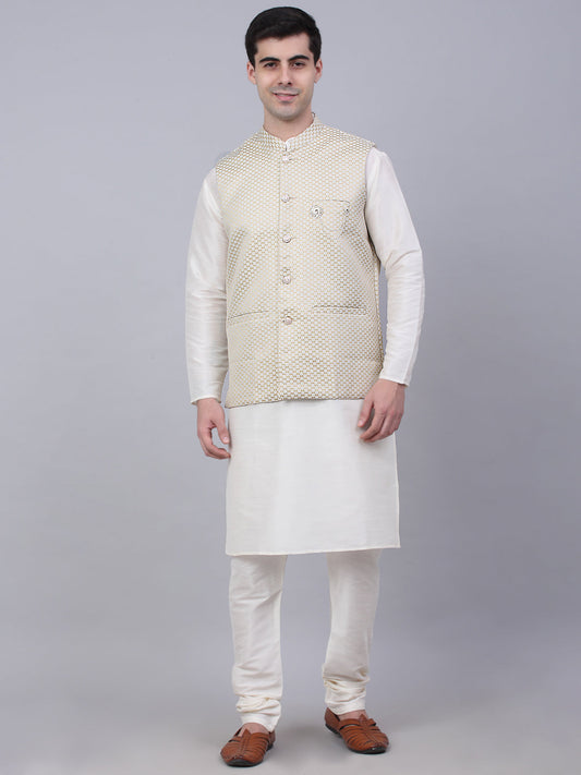 Jompers Men's Solid Kurta Pyjama With Woven Design Nehru Jacket - Beige