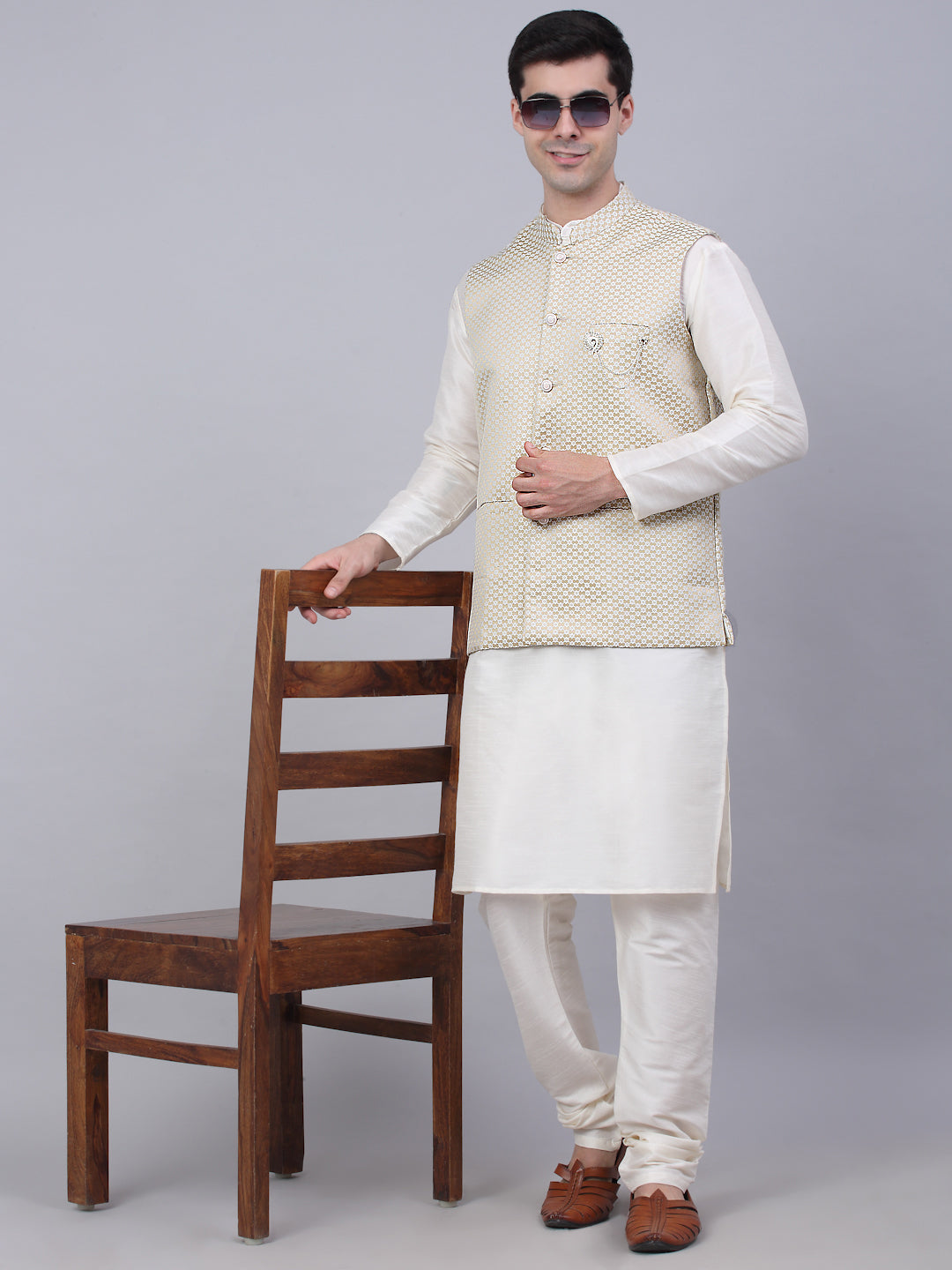Jompers Men's Solid Kurta Pyjama With Woven Design Nehru Jacket - Beige