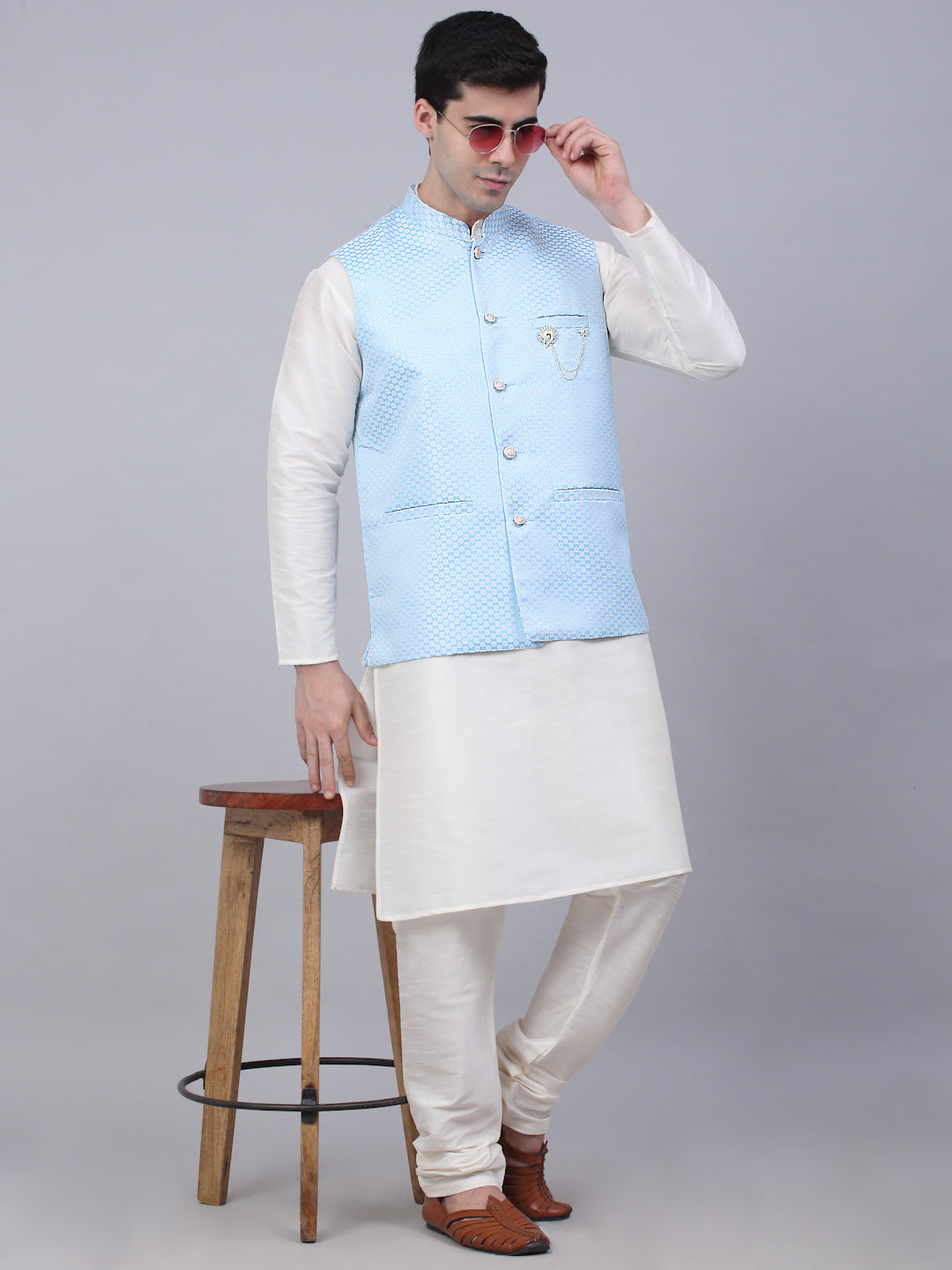 Jompers Men's Solid Kurta Pyjama With Woven Design Nehru Jacket - Blue