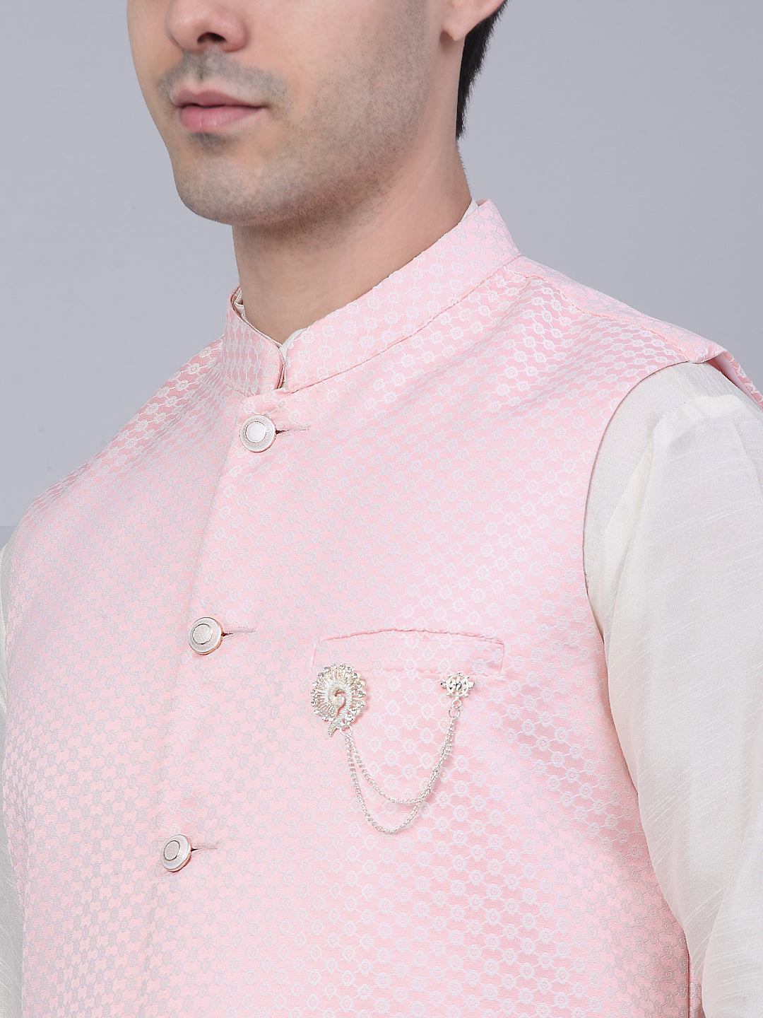 Jompers Men's Solid Kurta Pyjama With Woven Design Nehru Jacket - Pink