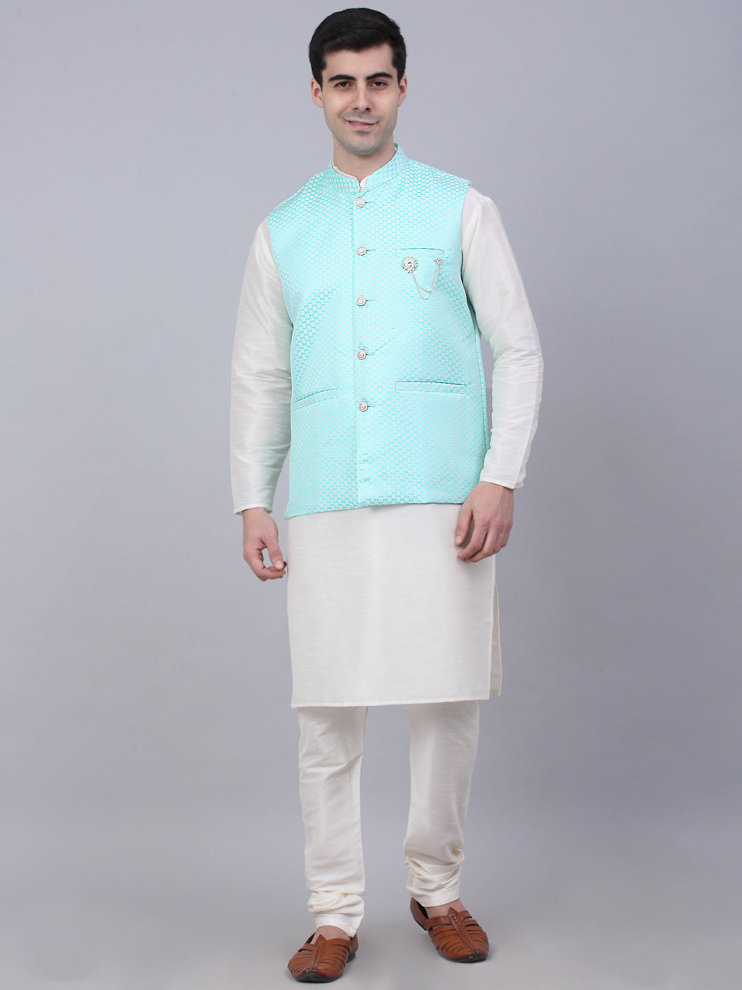 Jompers Men's Solid Kurta Pyjama With Woven Design Nehru Jacket - Sky Blue