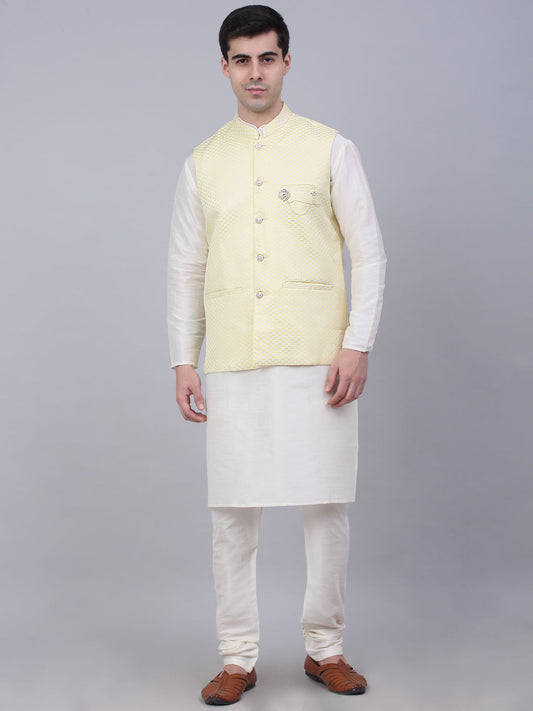 Jompers Men's Solid Kurta Pyjama With Woven Design Nehru Jacket - Yellow