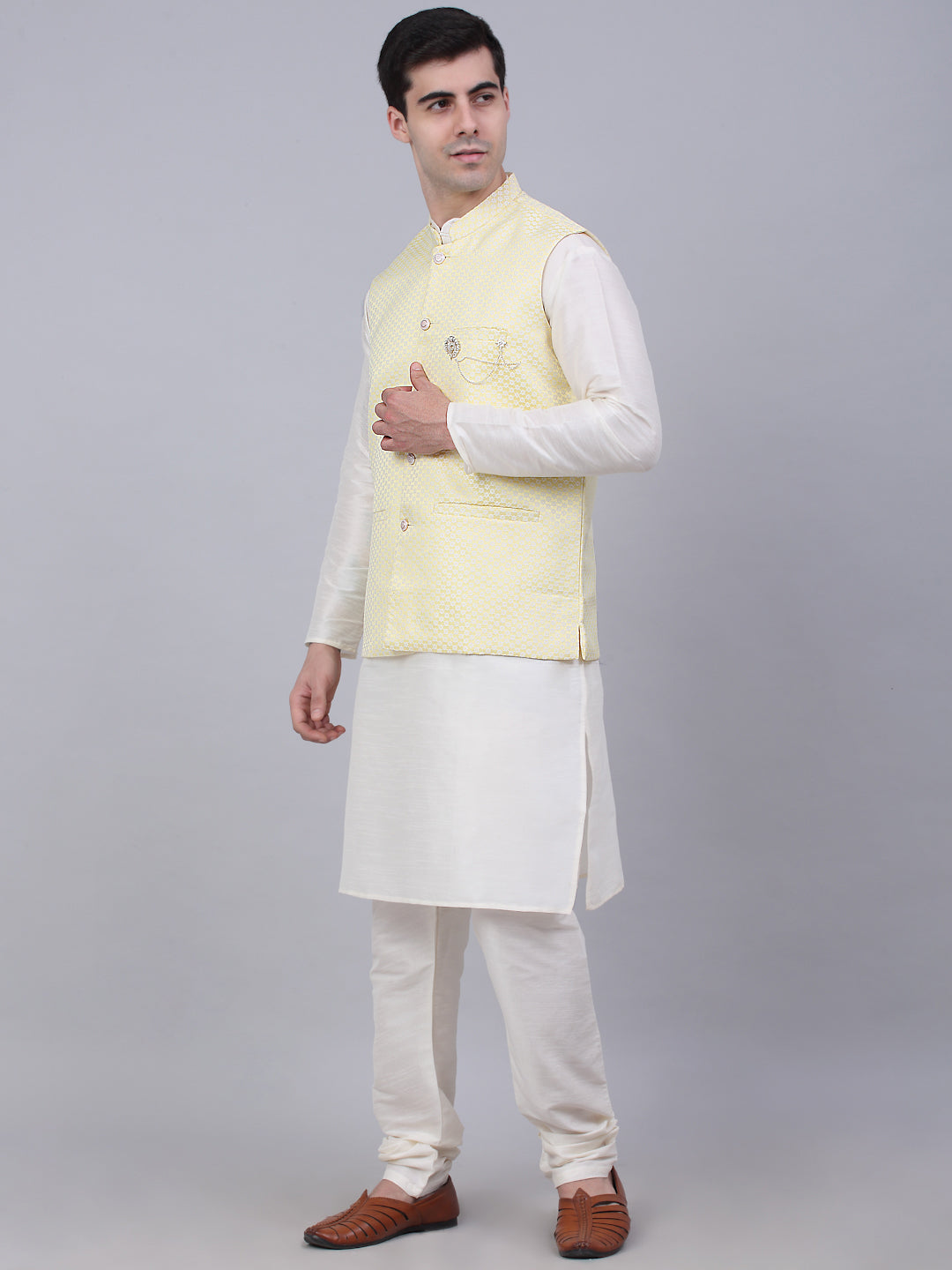 Jompers Men's Solid Kurta Pyjama With Woven Design Nehru Jacket - Yellow
