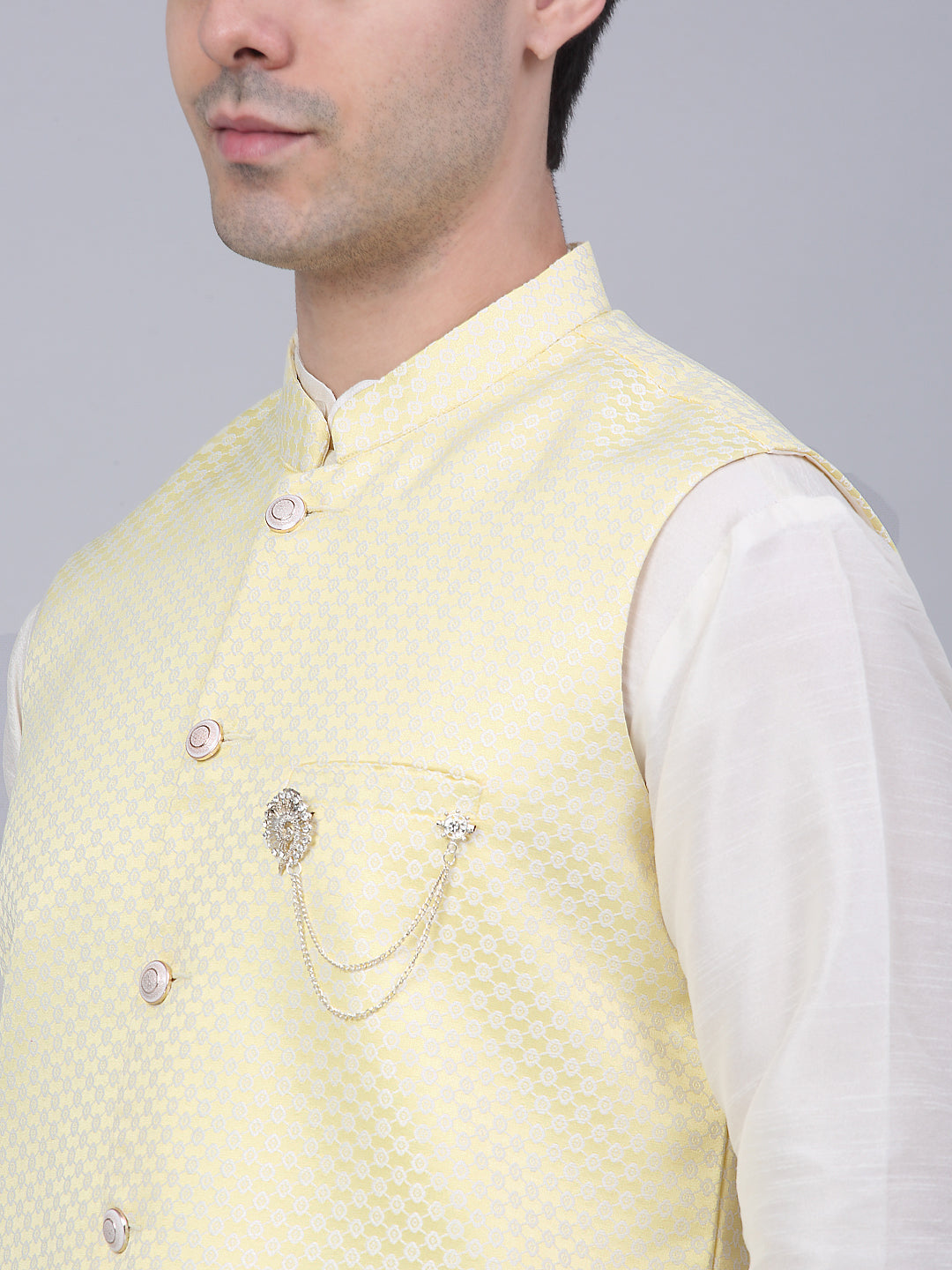 Jompers Men's Solid Kurta Pyjama With Woven Design Nehru Jacket - Yellow