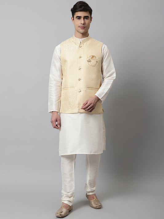 Jompers Men's Off White Solid Kurta Pyjama with Golden Woven Design Nehru Jacket