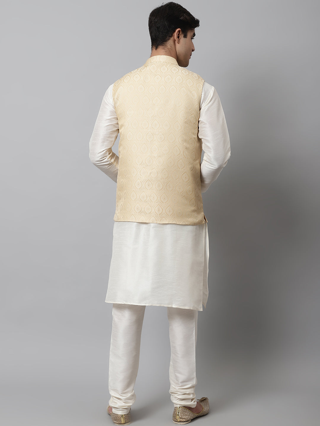 Jompers Men's Off White Solid Kurta Pyjama with Golden Woven Design Nehru Jacket