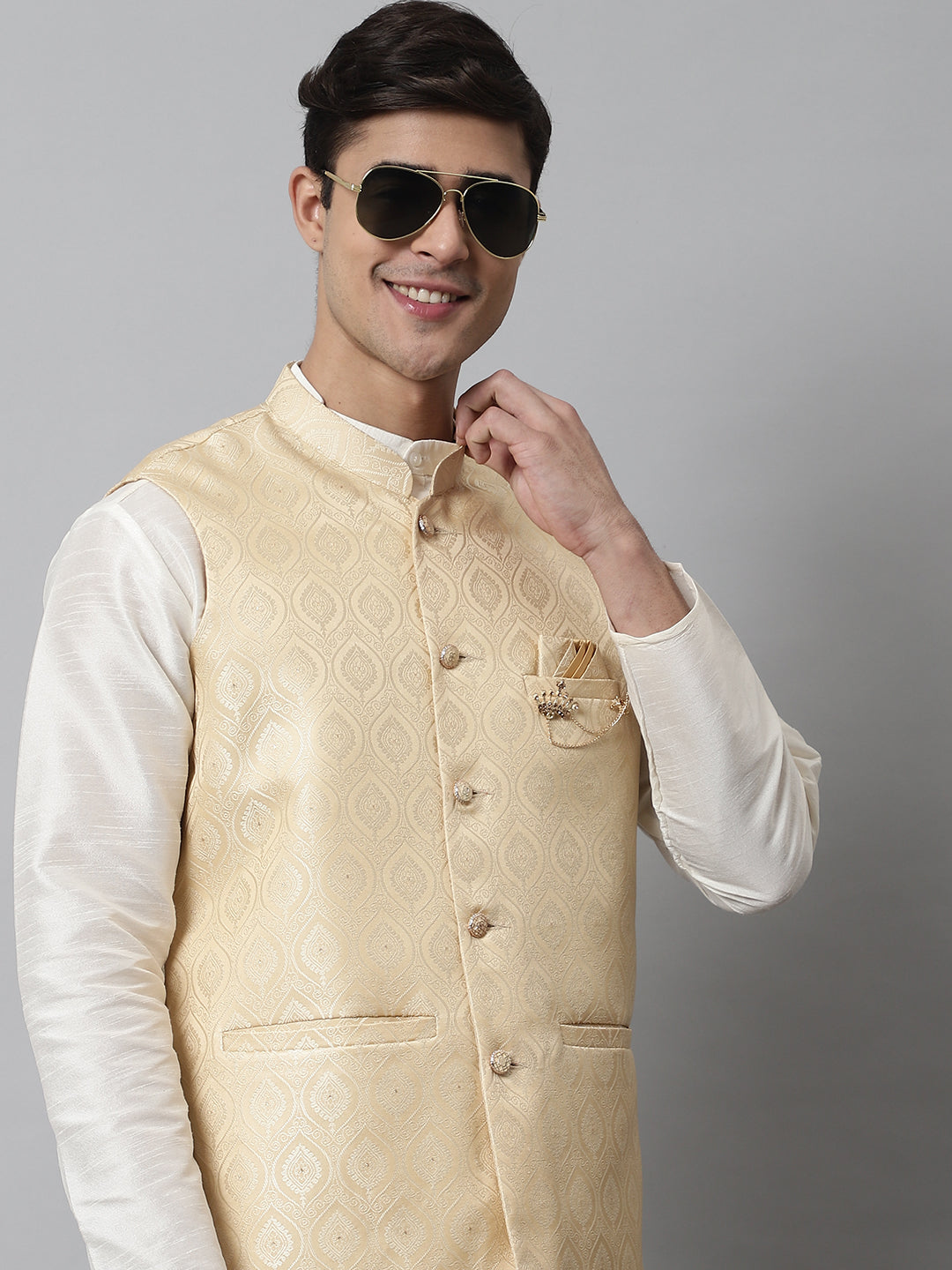 Jompers Men's Off White Solid Kurta Pyjama with Golden Woven Design Nehru Jacket