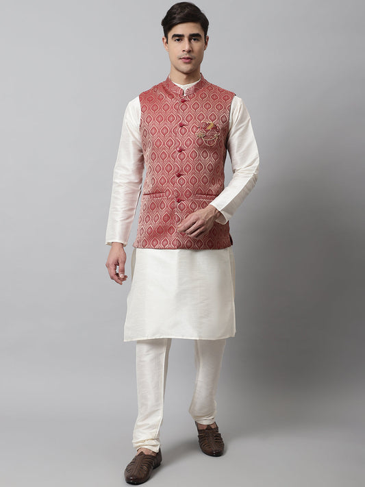Jompers Men's Off White Solid Kurta Pyjama with Maroon Woven Design Nehru Jacket