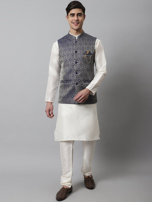 Jompers Men's Off White Solid Kurta Pyjama with Navy Blue Woven Design Nehru Jacket