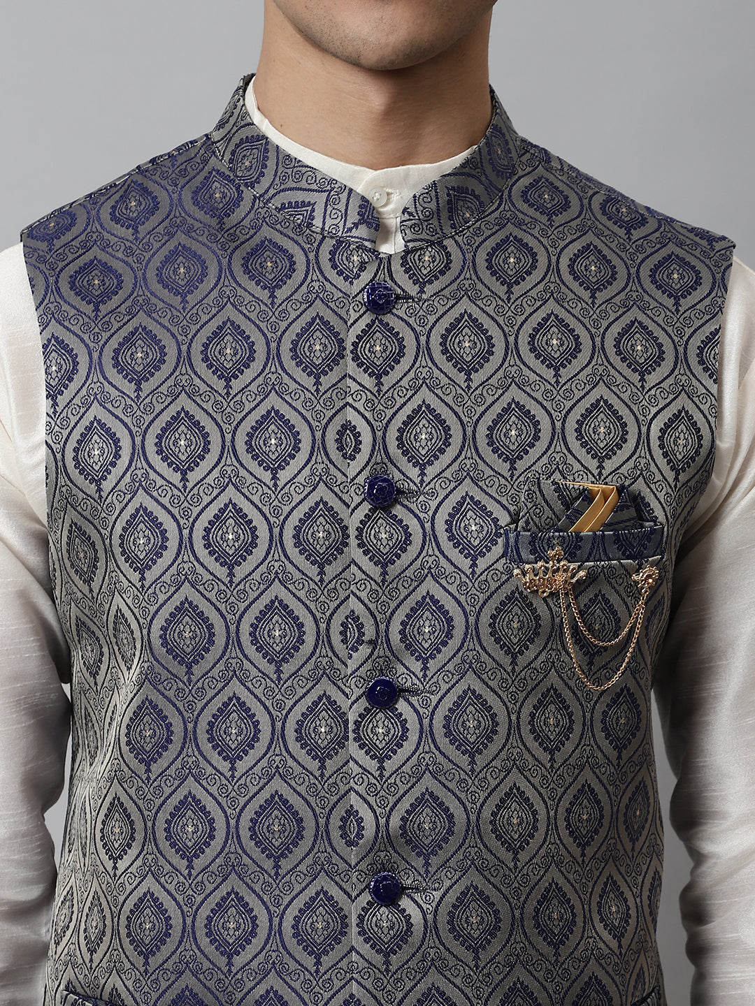 Jompers Men's Off White Solid Kurta Pyjama with Navy Blue Woven Design Nehru Jacket