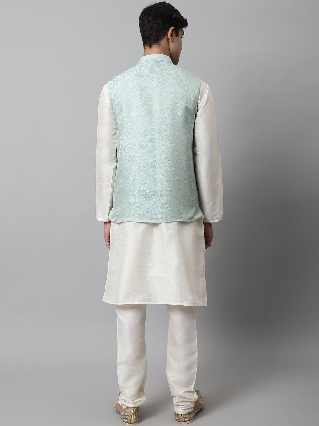 Jompers Men's Off White Solid Kurta Pyjama with Sky Blue Woven Design Nehru Jacket