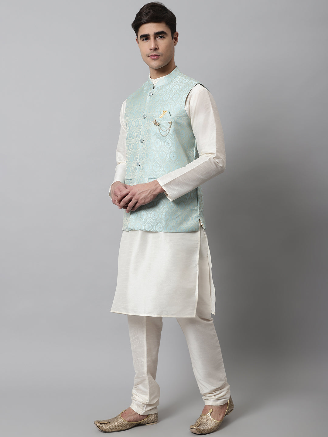 Jompers Men's Off White Solid Kurta Pyjama with Sky Blue Woven Design Nehru Jacket