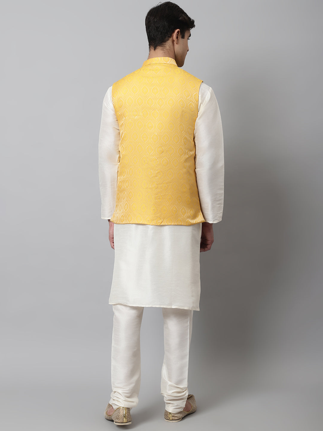 Jompers Men's Off White Solid Kurta Pyjama with Yellow Woven Design Nehru Jacket