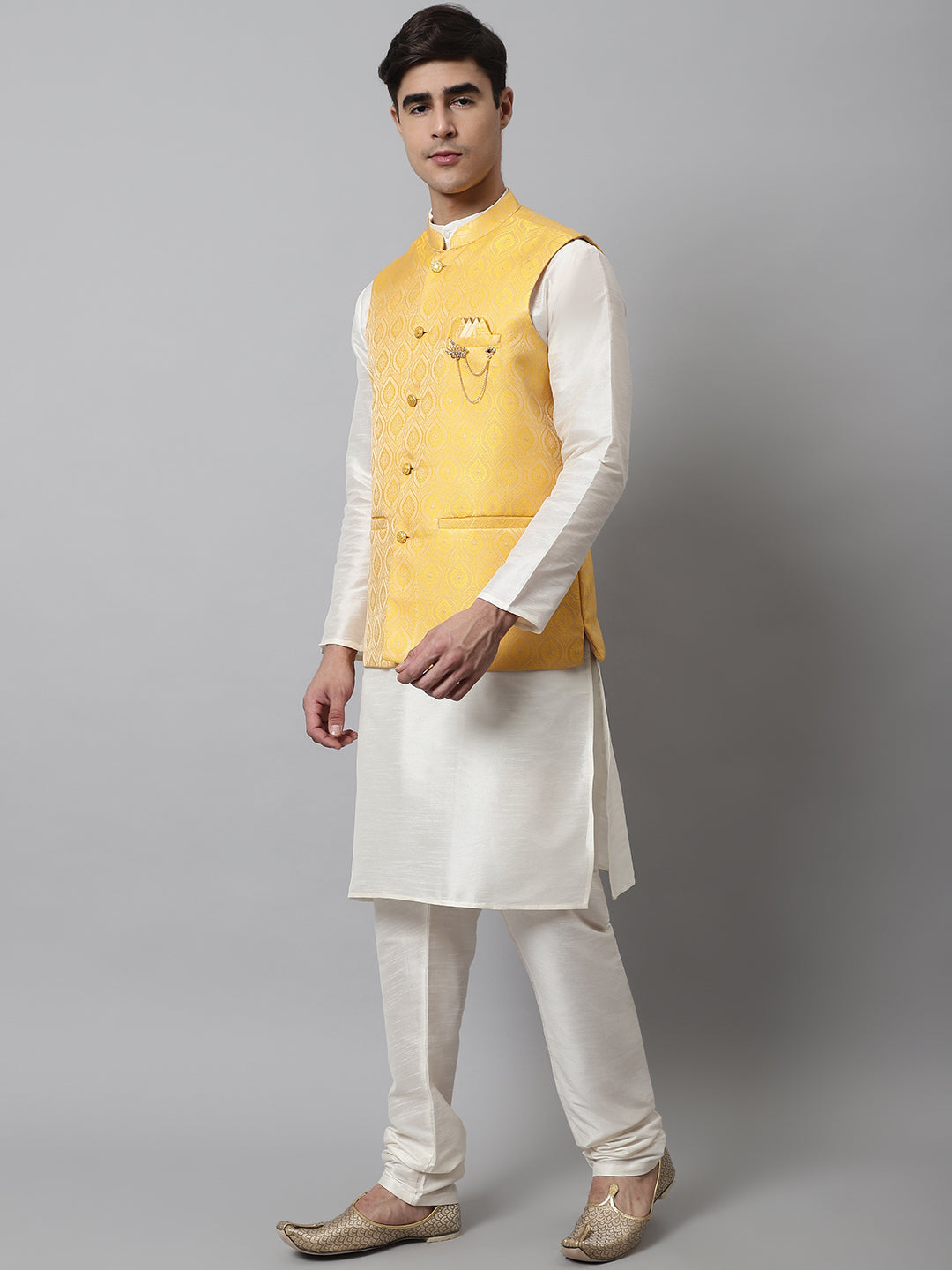 Jompers Men's Off White Solid Kurta Pyjama with Yellow Woven Design Nehru Jacket